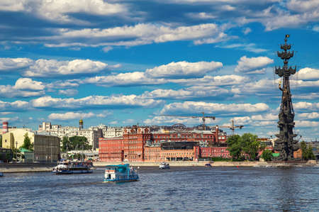 Moscow, Russia - June 24, 2019: View from Krymskaya embankment to Moscow river and Peter the Great Statue.のeditorial素材