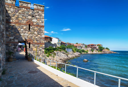 Sozopol, Bulgaria - July 11, 2019: View of Tower on Southern Fortress Wall and the Old Town of Sozopol.のeditorial素材