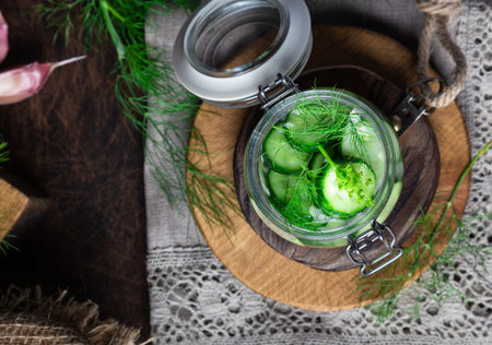 Preparation for pickling cucumbers. Homemade cucumbers cutted into slices with dill and garlic on...