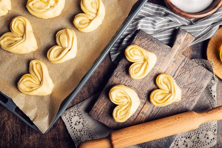 Raw unbaked homemade sweet buns with honey and sugar on rustic plywood background. Preparation for baking. Top view.の写真素材