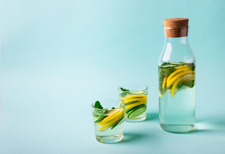 Sassy water for detox infused with lemon, cucumber and mint in glasses on light blue background. Healthy lifestyle concept. Space for text.の写真素材