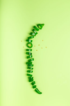 Sliced green chili pepper lying on color background. organic food concept. Top view, minimalist flat...