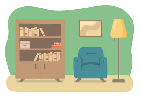 Room interior with armchair, bookcase and floor lamp. Cozy reading nook.のイラスト素材
