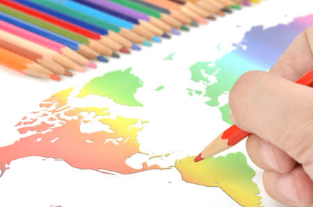 Color pencils and world mapの写真素材