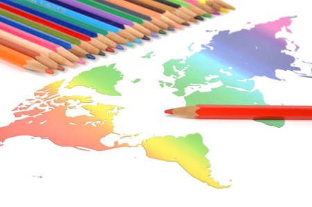 Color pencils and world mapの写真素材