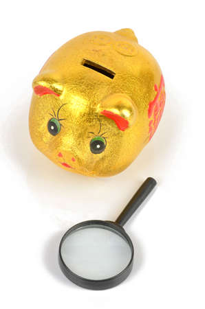 Piggy bank and magnifying glassの写真素材