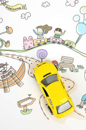 Children's drawing and toy carの写真素材