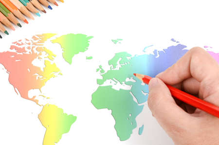 World map and color pencilsの写真素材