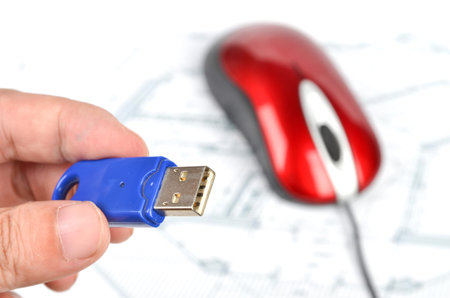 USB disk ,red mouse and blueprint