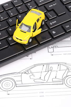 Computer keyboard and car blueprintの写真素材