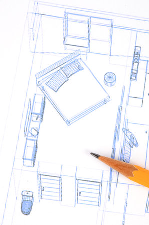 House blueprint and pencil
