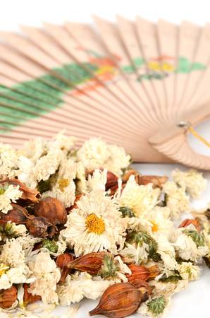 Chinese tea and hand fanのeditorial素材