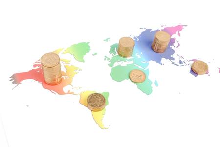 World map and coinsの写真素材