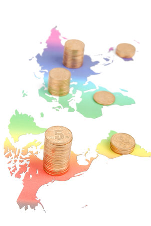 World map and coins