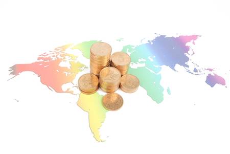 World map and coinsの写真素材