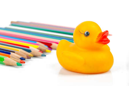 Color pencil and rubber duckの写真素材