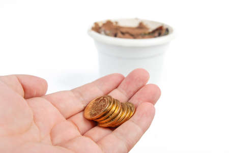 Coin and flower potの写真素材