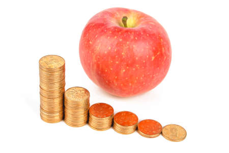 Apple and coins on white backgroundの写真素材