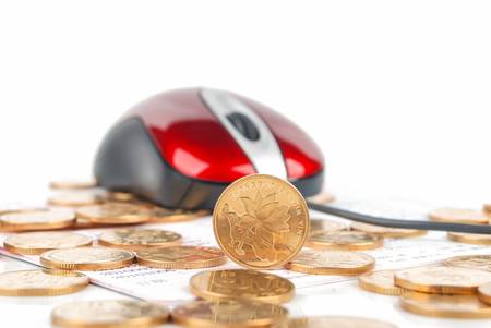 Mouse and coin on bankbookの写真素材