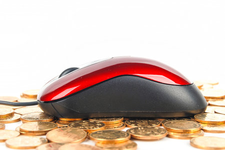 Mouse and coin on white backgroundの写真素材