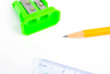Pencil and ruler with sharpenerの写真素材