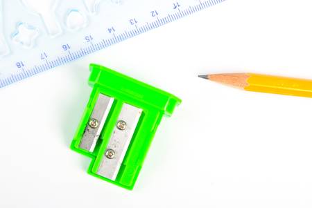 Pencil and ruler with sharpenerの写真素材