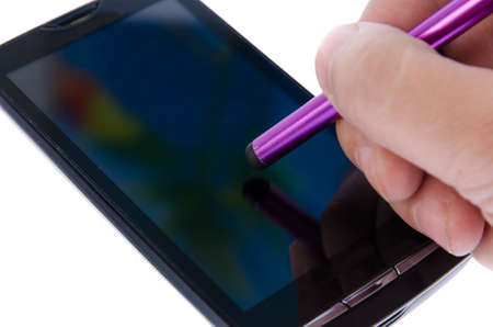 Capacitive pen and smartphone on white backgroundの写真素材