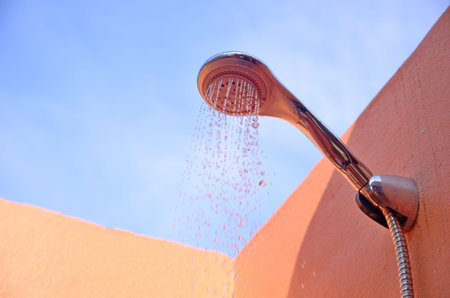 out door bathroom shower with blue sky