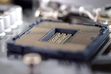 close-up socket cpu 1151 on mainboard computer pc