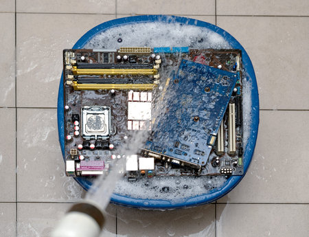 man cleaning computer mainboard with water and toothbrush