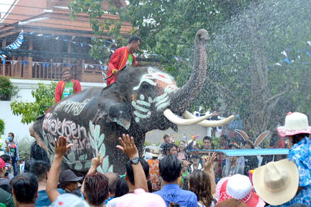 4-14-2017 Elephants have a splashing time during the Songkran Water Festival in ayutthaya Thailandのeditorial素材