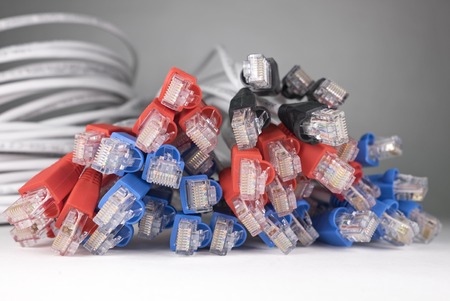 close-up of rj 45 lan cable on white blackgroundの写真素材