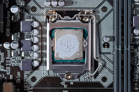 close-up Thermal compound on cpu chip in mainboard computer