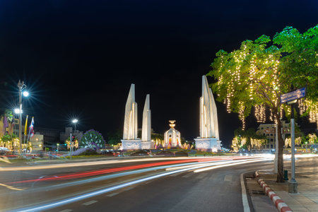 Democracy Monument of Thailand in bangkok at nightの写真素材