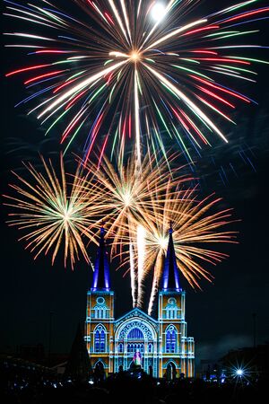 Fireworks Show At Christ Church, Chanthaburi, Thailand.の写真素材