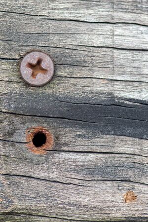 Old nut on the wood plate And screw holes that are not bolts anymoreの写真素材
