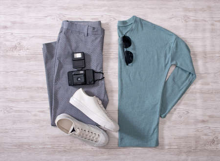 Clothes trousers and shoes on the floorの写真素材