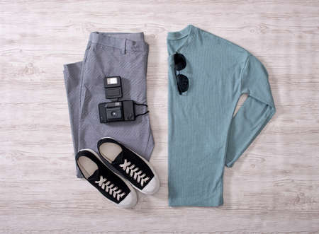 Clothes trousers and shoes on the floorの写真素材