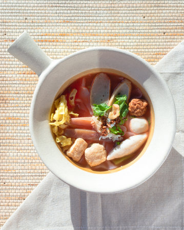 Noodles, Tom Yum, Thai food in a white bowlの写真素材