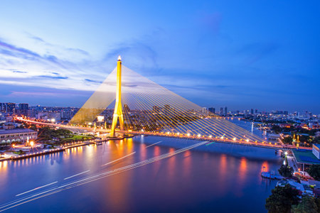 Rama VIII Bridge high angle at night bangkok thailandの写真素材