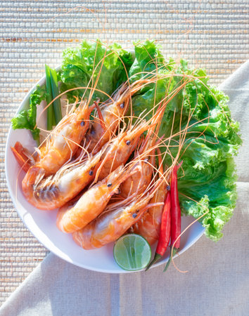 Seafood food in white bowl, shrimp, squid, shellfishの写真素材