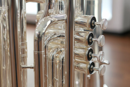 Close-up of musical instrument buttons BRASS INSTRUMENTの写真素材