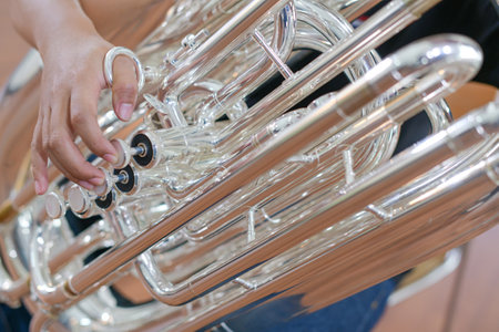 Close-up of musical instrument buttons BRASS INSTRUMENTの写真素材