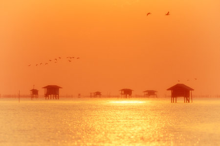 wooden cabins in the sea For the temporary rest of the fishermen of Thailand.の写真素材