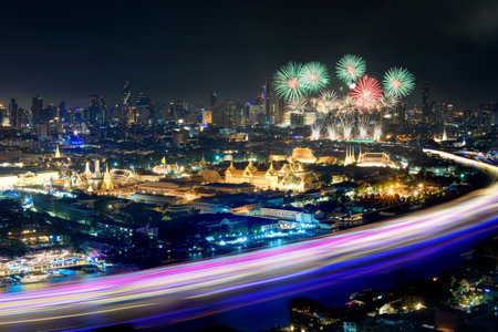 Fireworks show in Bangkok, view of Wat Phra Kaewの写真素材