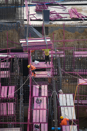 Construction site, there is construction of pot stubble and steel tying.