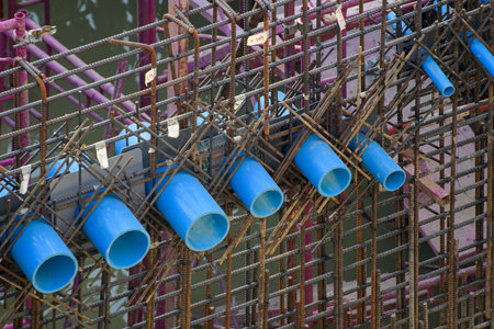 Construction site, there is construction of pot stubble and steel tying.の写真素材