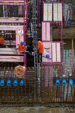 Construction site, there is construction of pot stubble and steel tying.の写真素材