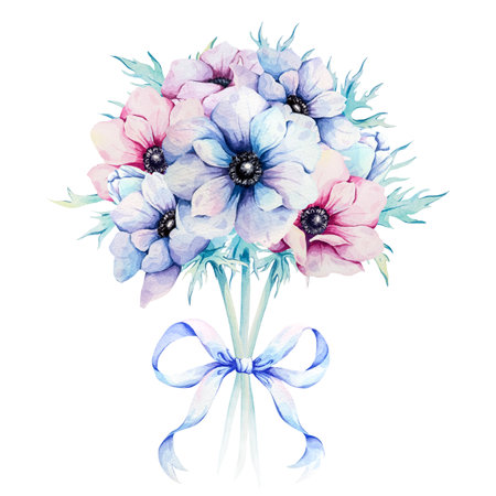 Anemone bouquet with bow, bud and leaves. Watercolor illustration isolated on white background. Airy pink and blue spring flowers for design, printing on cards, invitations.の写真素材