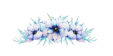 Watercolor composition of blue anemones with green leaves. Botanical illustration. Hand painted flower composition isolated on white background. Delicate watercolor flowers for design, invitation, postcards, textile.の写真素材
